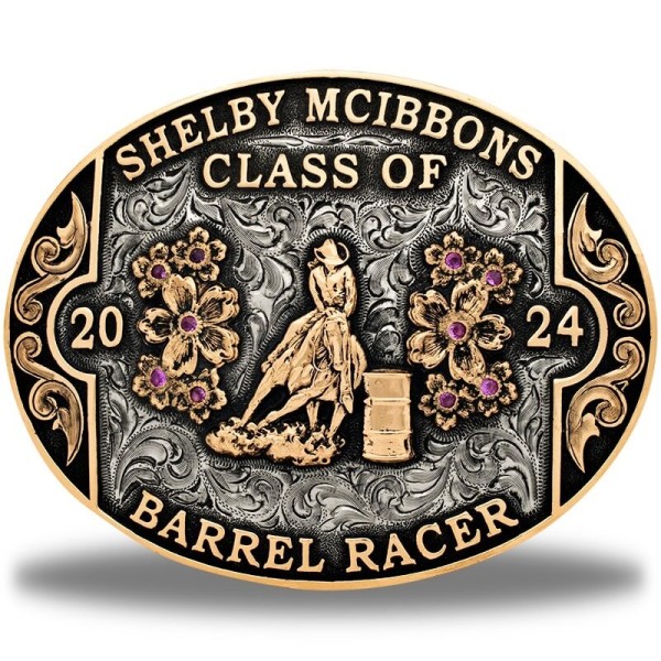 A custom rodeo belt buckle with personalized name featuring a golden bronze barrel racer figure and flowers 